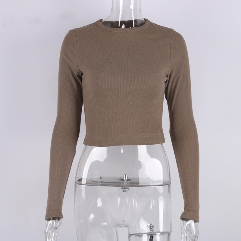 O Neck Long Sleeve Shirt Women Ribbed Sexy Cropped Tops Casual Skinny T Shirts White - MERGE.DAY.1.FREESTYLE