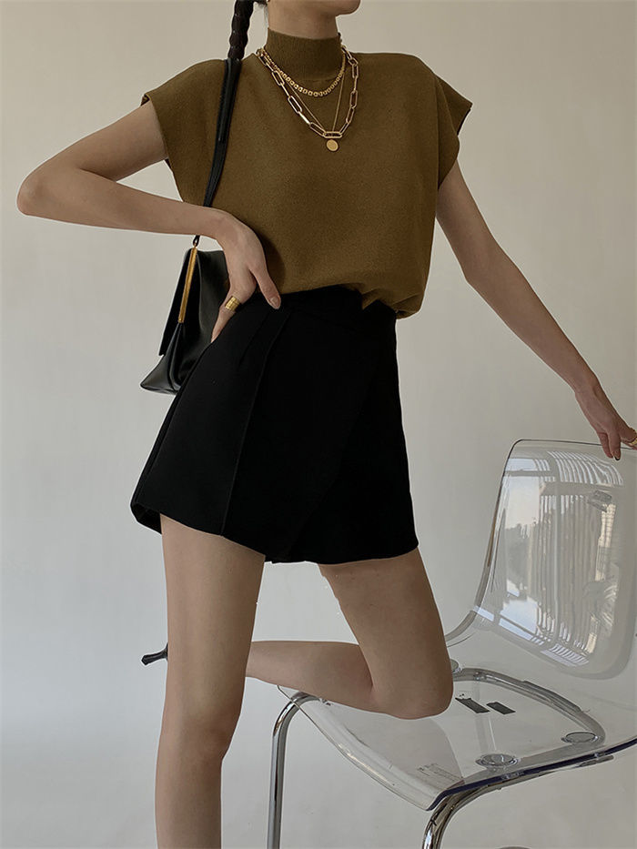 French Turtleneck Knitted Women Spring Summer Design Loose Short Sleeve Cropped Tops Female - MERGE.DAY.1.FREESTYLE