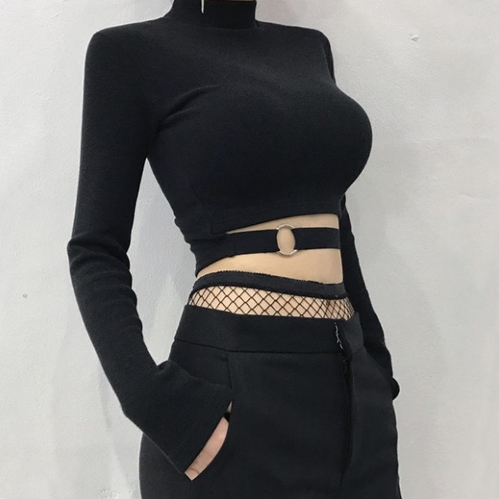 Women Slim Short T-shirt Sexy Tight Turtleneck Long Sleeve Goth Crop Top - MERGE.DAY.1.FREESTYLE