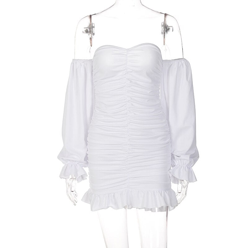 Off Shoulder Long Loose Flare Puff Sleeve Ruched Mini Dress - MERGE.DAY.1.FREESTYLE