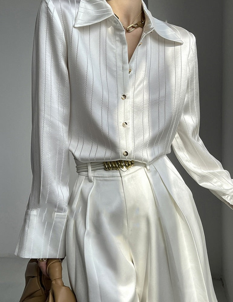 Striped Shirts Spring Long Sleeve Single-breasted Female Satin Blouses - MERGE.DAY.1.FREESTYLE