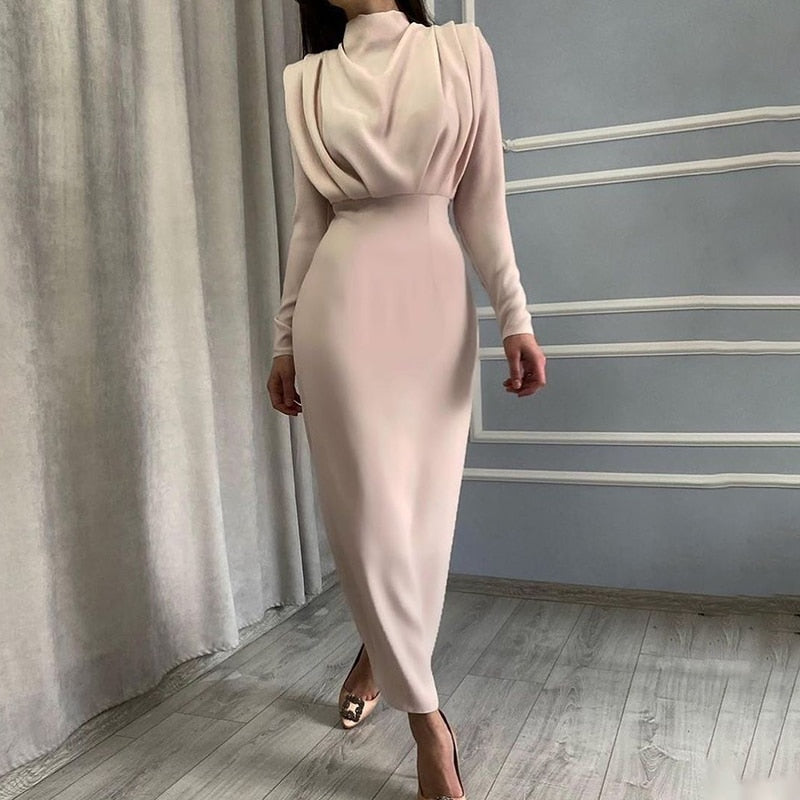Elegant Women Dress Stand Collar Slim Waist Solid Ankle Length Autumn Long Sleeve Dress - MERGE.DAY.1.FREESTYLE