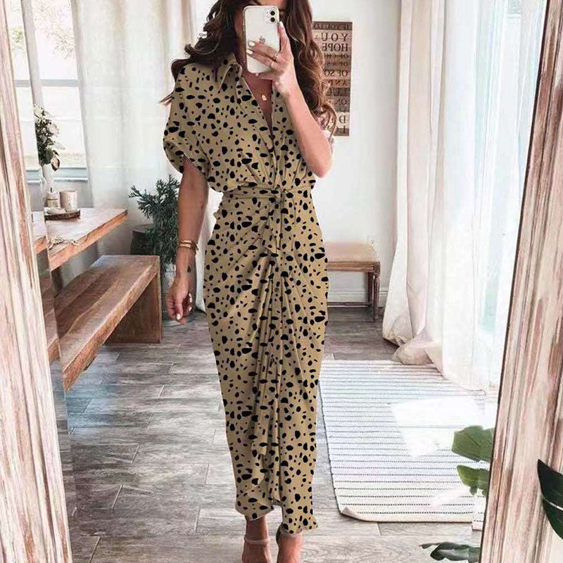 Vestido largo elegante de verano para mujer, de manga corta, con abertura, cuello tipo polo, botones y drapeado para fiesta
