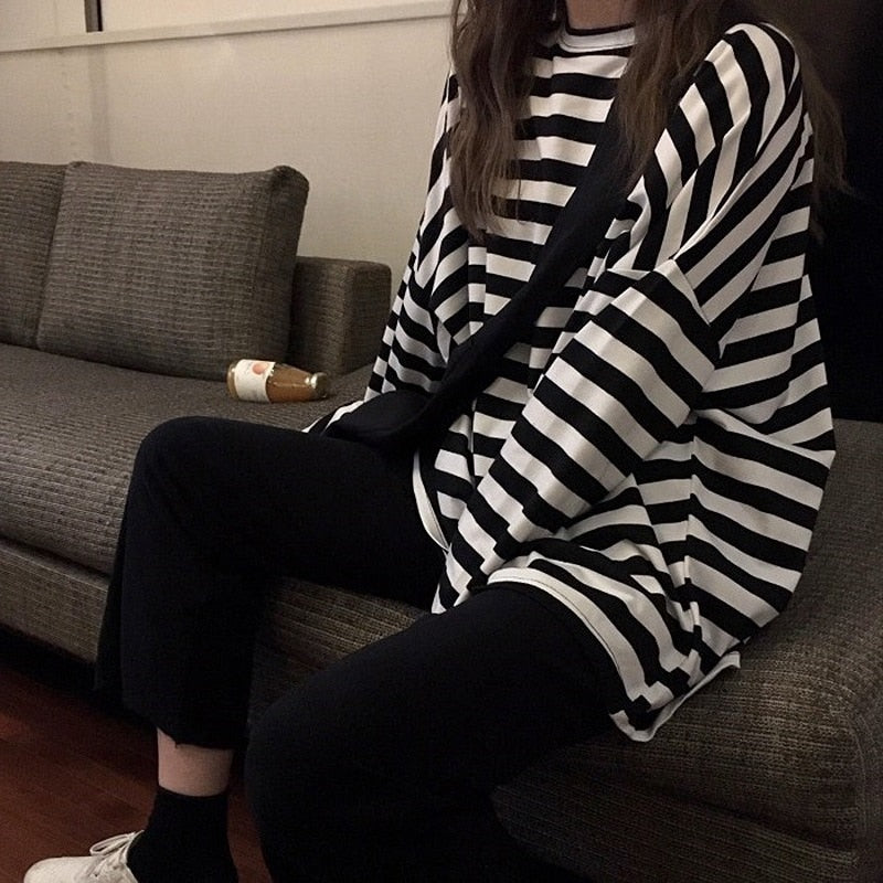 Women harajuku Striped Tshirt Long Sleeve O-Neck T-Shirts Casual oversized T Shirt - MERGE.DAY.1.FREESTYLE
