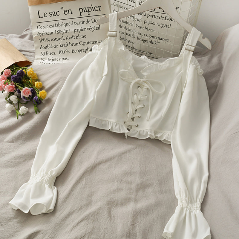 French Bandage Off Shoulder Ruffle Top Female Elegant Long Sleeve Shirt Y2k - MERGE.DAY.1.FREESTYLE