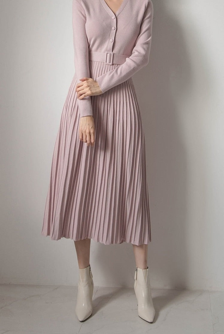Single-breasted Women Sweater Dress Knitted Belted Female A-line soft dresses - MERGE.DAY.1.FREESTYLE