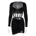 Velvet Mesh Long Sleeve Corset Out Crop Top Ruched Mini Dress 2 Pcs Set Bodycon - MERGE.DAY.1.FREESTYLE