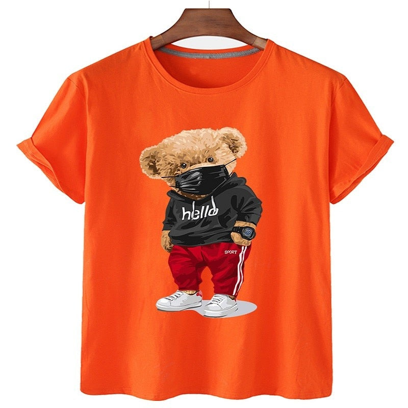 100% Cotton Sports Mask Bear Print Short-sleeved T-shirt Female Half-sleeved Casual Oversized T-shirt - MERGE.DAY.1.FREESTYLE