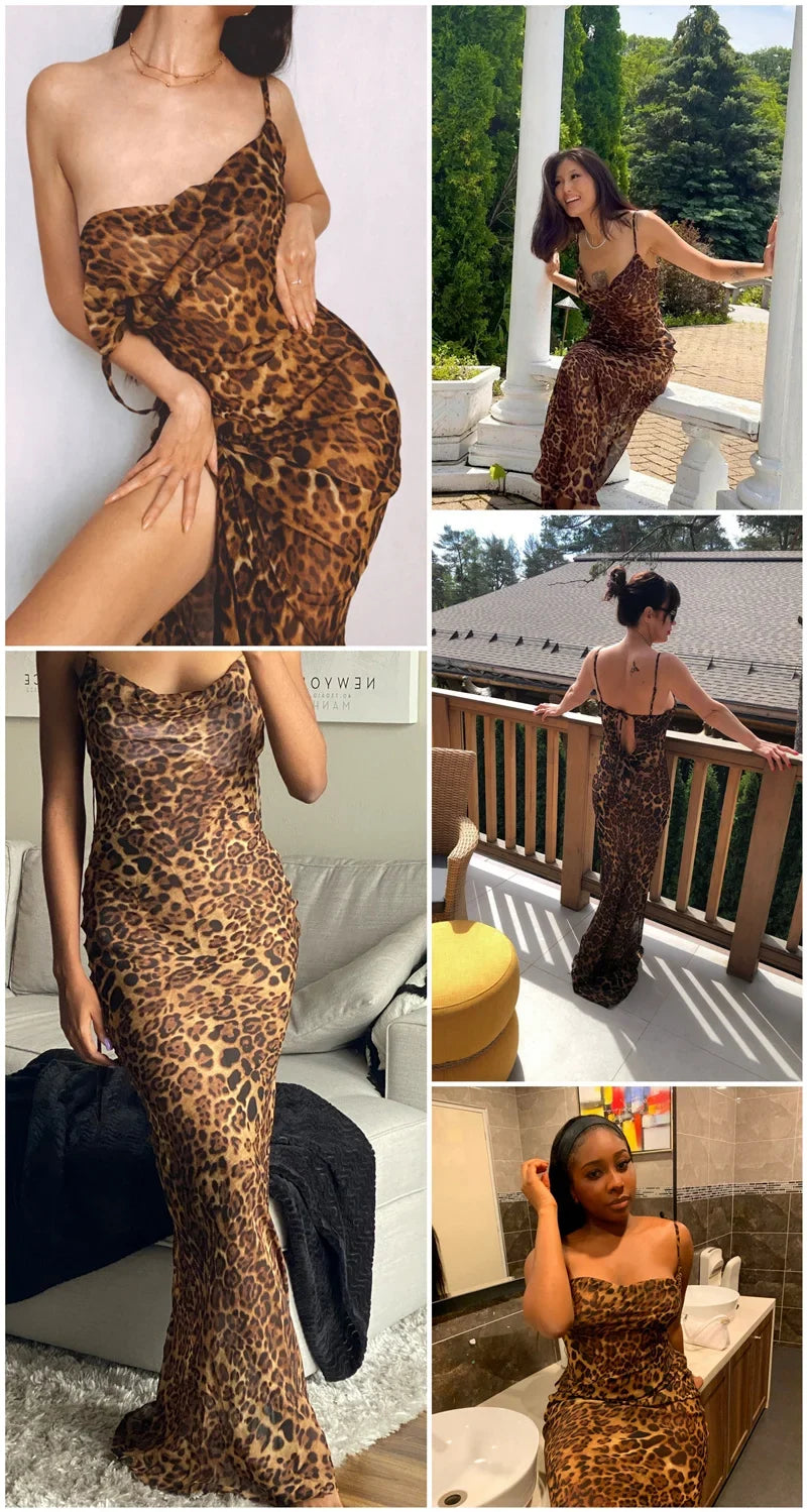 Leopard Print V-Neck Sexy Bodycon Long Dress Women Lace Up Backless Beach Vestidos - MERGE.DAY.1.FREESTYLE