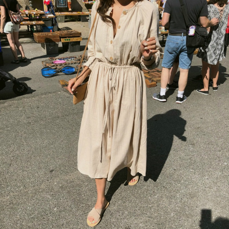 Long Shirt Dress Women Cotton Round Collar Slim Waist Drawstring Solid Color Sundress - MERGE.DAY.1.FREESTYLE