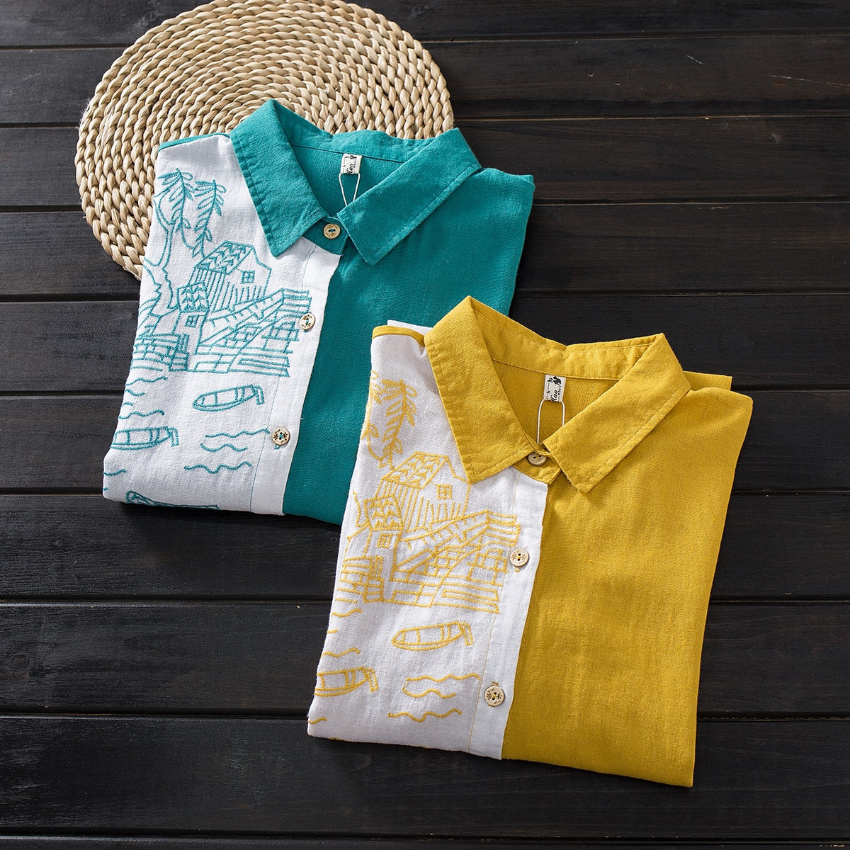 Women Cotton Linen Embroidery Blouse Long Sleeve Patchwork Color Top - MERGE.DAY.1.FREESTYLE