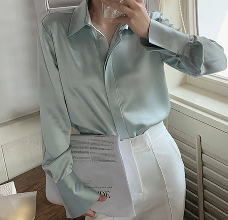 Full Sleeve Ladies Satin Blouses Blusas Single-breasted Loose Women Shirts - MERGE.DAY.1.FREESTYLE