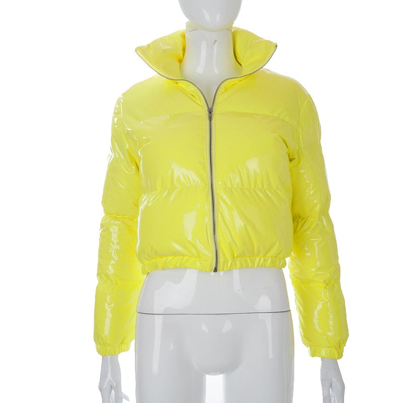 Faux PU Leather Y2K Bubble Puffer Winter Warm Jacket Women Long Sleeve Coats - MERGE.DAY.1.FREESTYLE
