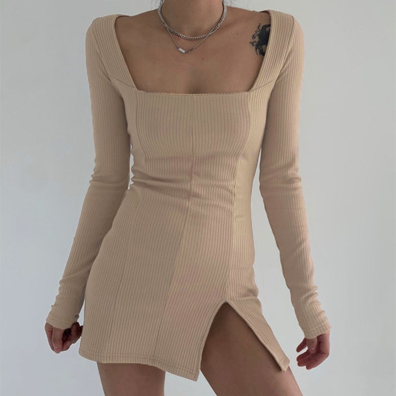 Square Neck Ribbed Black Dress Female Knitted Side Split Bodycon Dress Long Sleeve Mini Dresses - MERGE.DAY.1.FREESTYLE