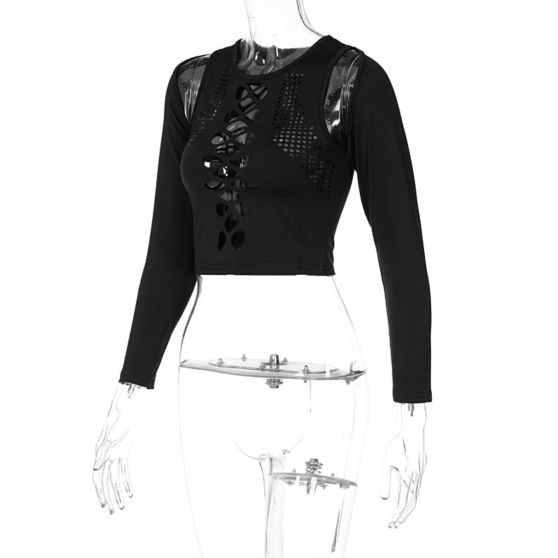 Long Sleeves Solid Hollow Out Bandage Sexy Tube Crop Top Summer Autumn Women - MERGE.DAY.1.FREESTYLE