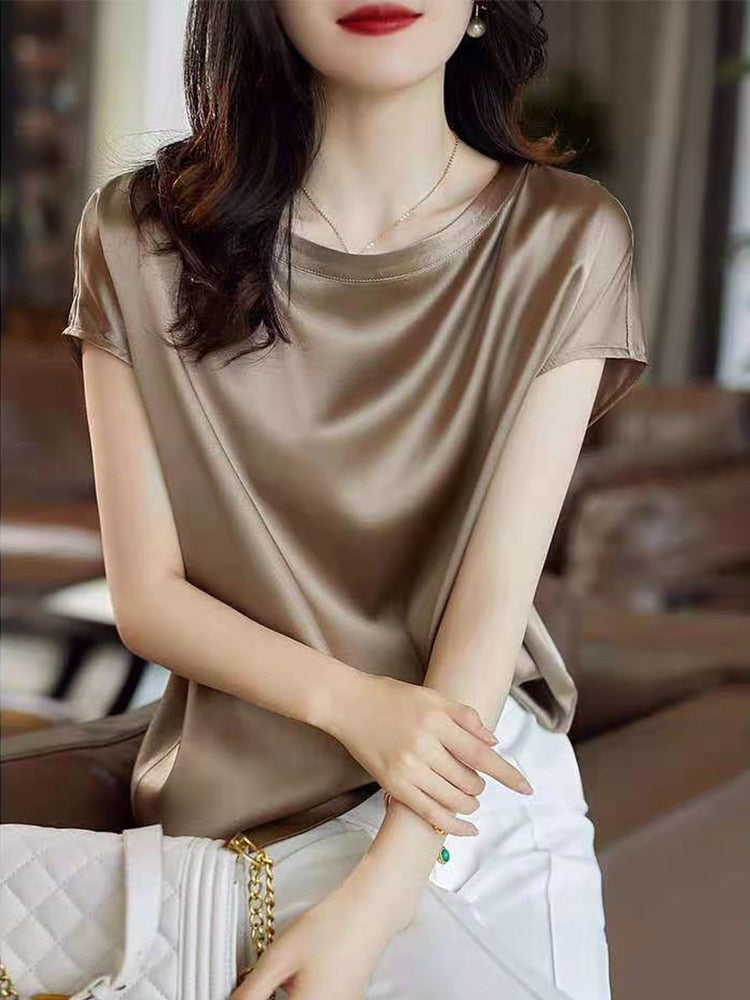 Silk Thin Short Sleeve Tees Style Slip Woman Summer Clothes Brown Tops Solid Loose Casual - MERGE.DAY.1.FREESTYLE