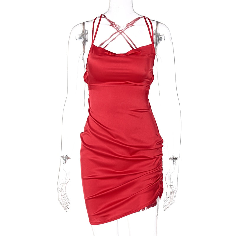 Satin Women Strap Mini Dress Ruched Lace Up Cross Bandage Backless Bodycon Sexy Party Elegant - MERGE.DAY.1.FREESTYLE