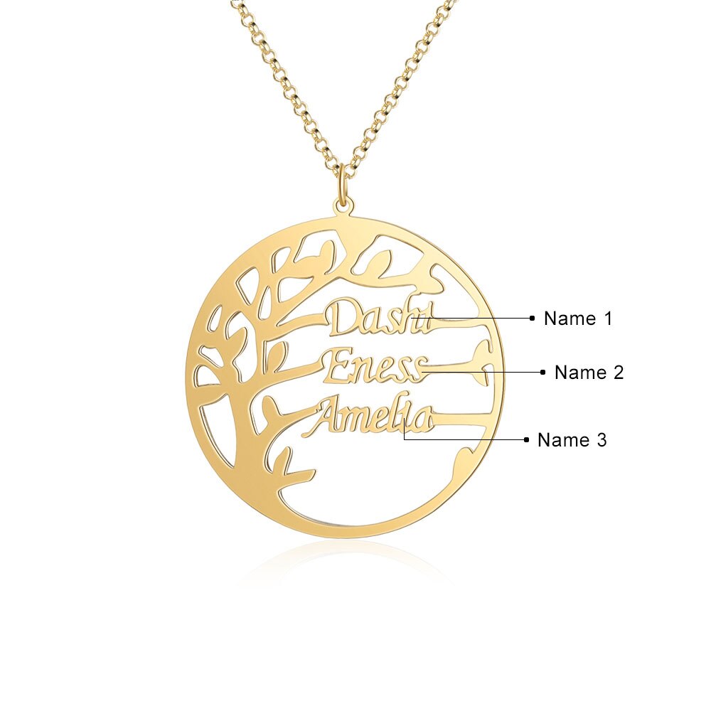 Family Tree Necklace Customized Nameplate with 3 Names Round Tree of Life Pendant - MERGE.DAY.1.FREESTYLE