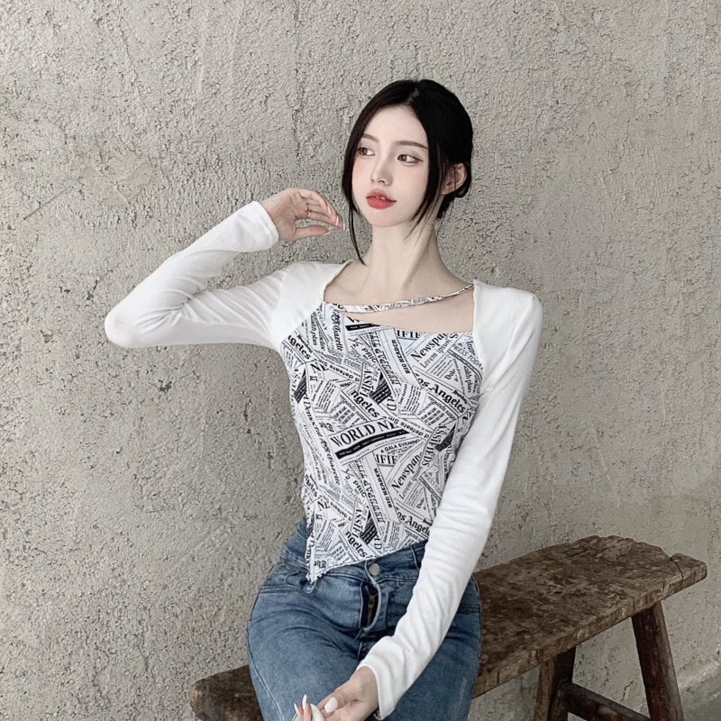 Letter Printed T-shirt Women Fake Two-piece Sexy Slim Long Sleeved Tops Female Cropped Tops - MERGE.DAY.1.FREESTYLE