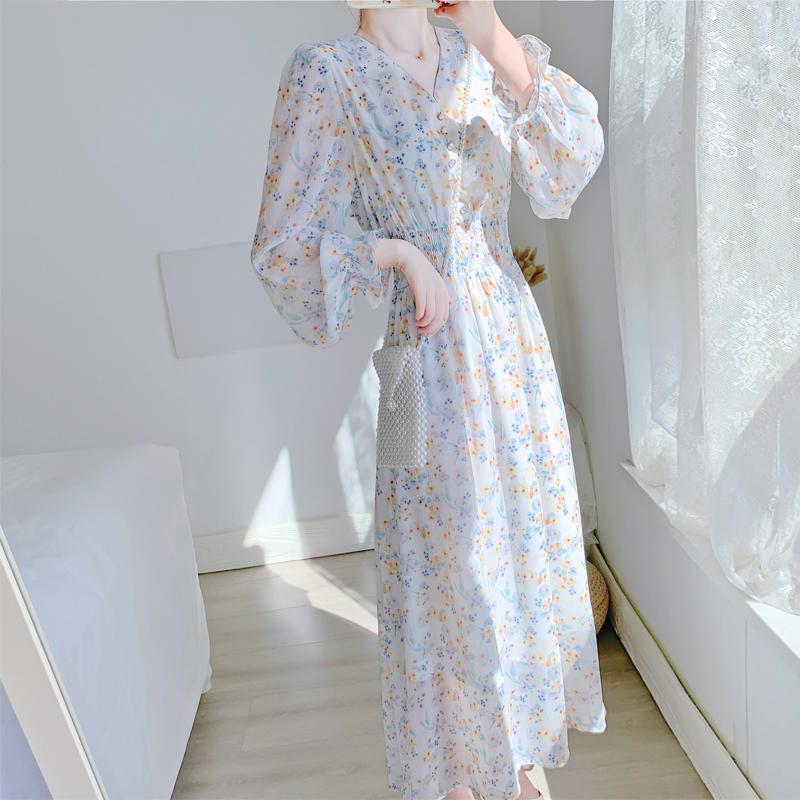 V-neck Chiffon Floral Dress Women Spring Summer Fairy Long Dresses Female - MERGE.DAY.1.FREESTYLE