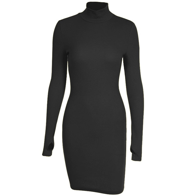 Spring Autumn Fashion Turtleneck Skinny Mini Dress Women Rib Knit Keep Warm Long Sleeve Dress - MERGE.DAY.1.FREESTYLE