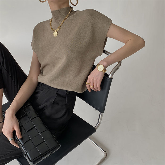 French Turtleneck Knitted Women Spring Summer Design Loose Short Sleeve Cropped Tops Female - MERGE.DAY.1.FREESTYLE