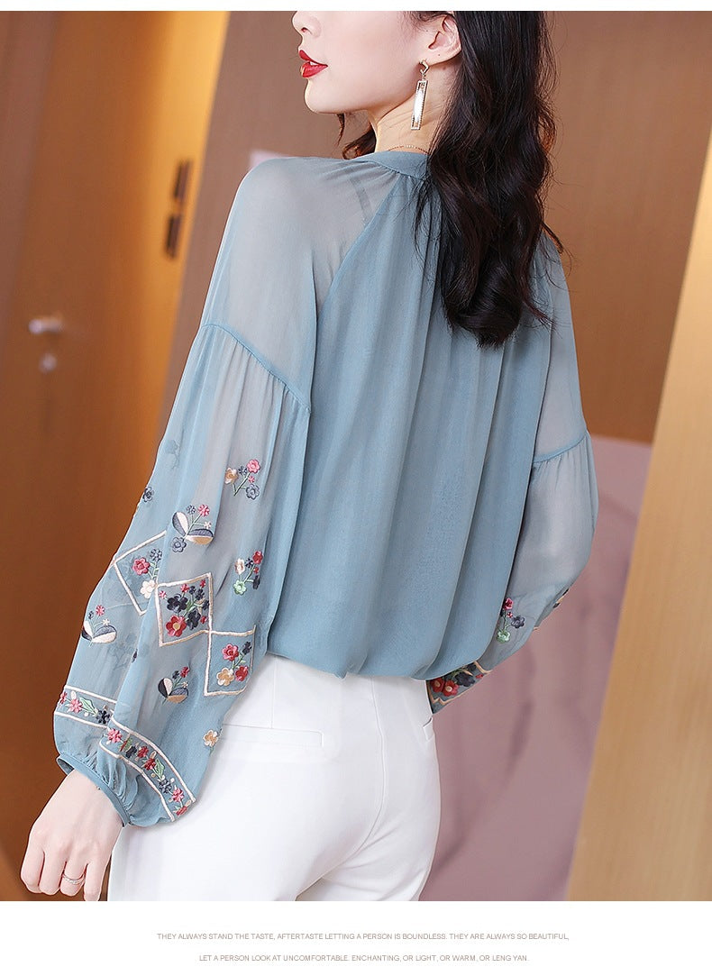 Chiffon Embroidery Blouse Long Lantern Sleeve Loose Top Casual Wear Oversize Casual Wear - MERGE.DAY.1.FREESTYLE