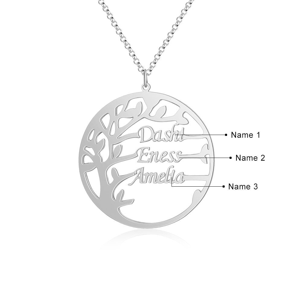 Family Tree Necklace Customized Nameplate with 3 Names Round Tree of Life Pendant - MERGE.DAY.1.FREESTYLE