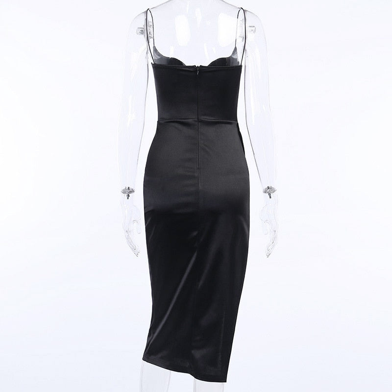 Satin Spaghetti Straps Low Cut Long Dress Women Summer Ruched Side High Split Maxi Dress - MERGE.DAY.1.FREESTYLE