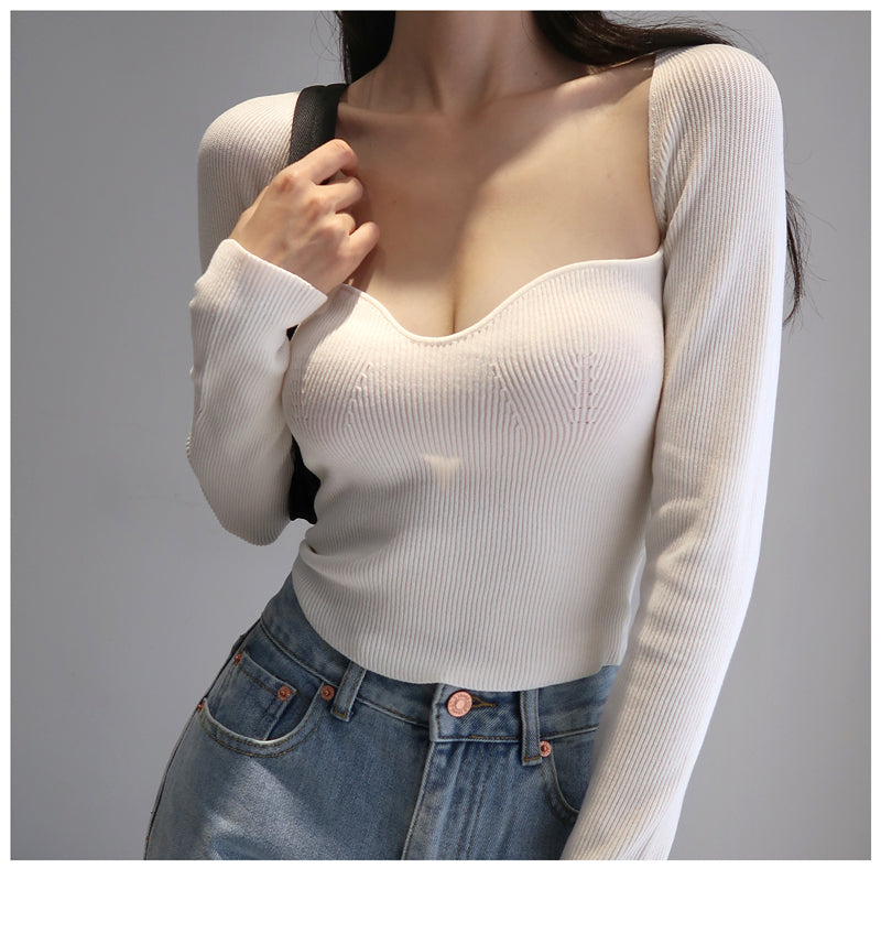 French Vintage Square Neck Knitted Tops Women Skinny Long Sleeve Pullover T-shirts Female - MERGE.DAY.1.FREESTYLE