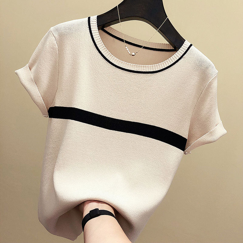 Thin Knitted T Shirt Women Short Sleeve Summer Tops Woman Clothes Striped Fashion T-Shirt - MERGE.DAY.1.FREESTYLE
