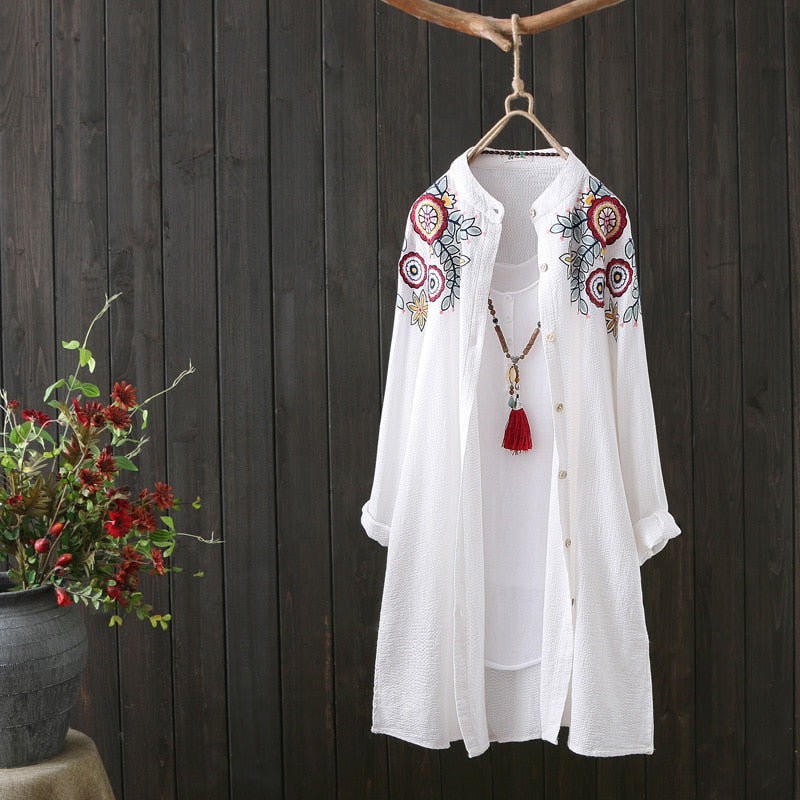 Women White Shirt 100% Cotton Embroidery Long Sleeve Button Up Blouse Loose Office Top - MERGE.DAY.1.FREESTYLE