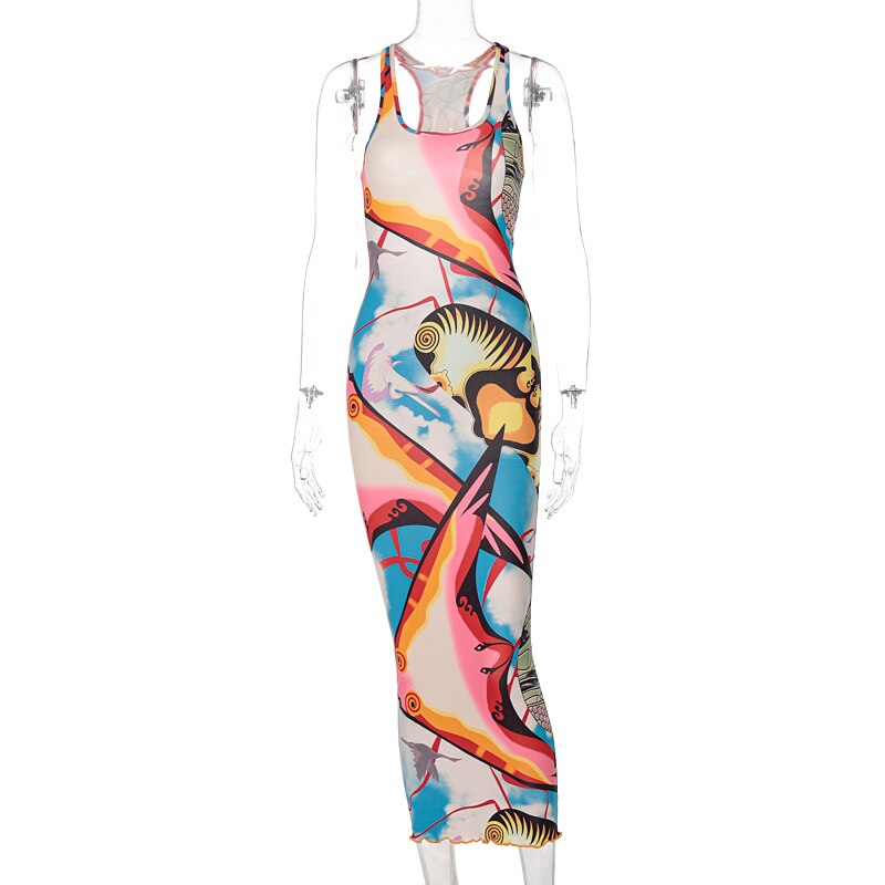 Sleeveless Hollow Out Straps Asymmetric Print Backless Ruched Sexy Maxi Dress - MERGE.DAY.1.FREESTYLE