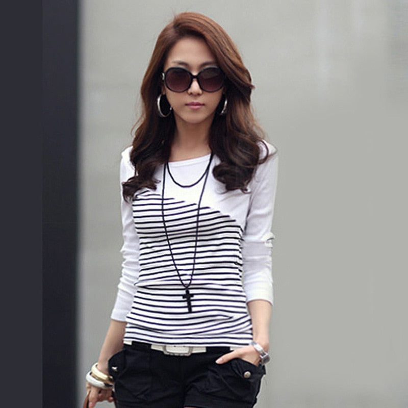 Spring-autumn new all-match Slim pullover striped stitching T-shirt long-sleeved bottoming shirt - MERGE.DAY.1.FREESTYLE