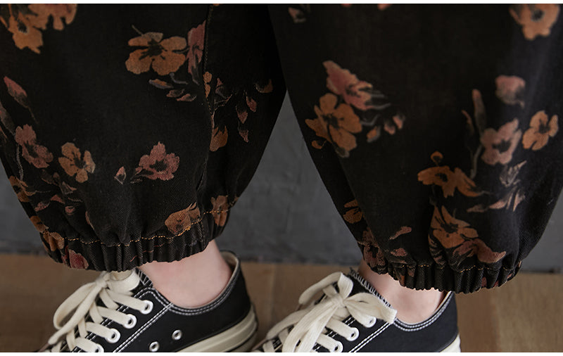 Loose Jeans Black Jumpsuit Casual Ladies Big Pockets Print Floral Denim Overalls Straps Rompers - MERGE.DAY.1.FREESTYLE