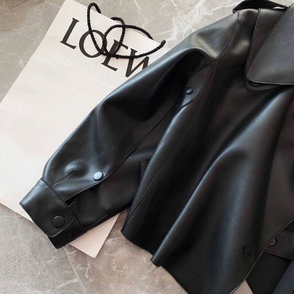Women Pu Motorcycle Biker Faux Leather Jacket Turndown Collar Loose Punk Outerwear - MERGE.DAY.1.FREESTYLE