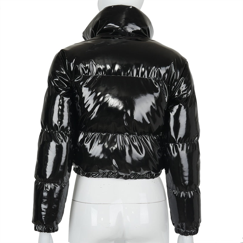 Faux PU Leather Y2K Bubble Puffer Winter Warm Jacket Women Long Sleeve Coats - MERGE.DAY.1.FREESTYLE