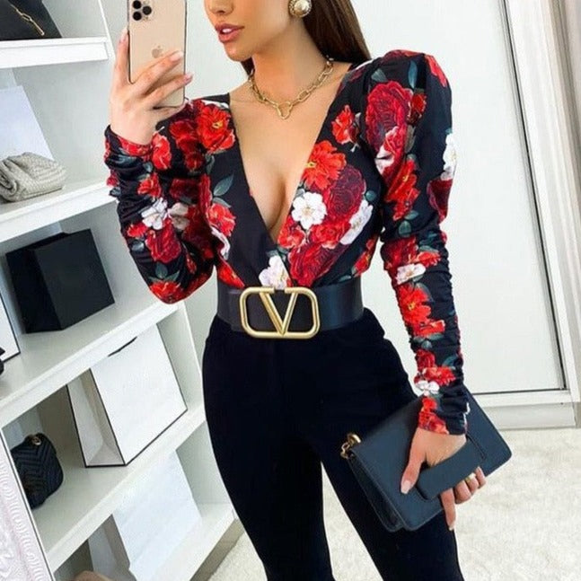 Spring Elegant Boho Print Bodysuits Rompers Women Jumpsuits Puff Sleeve Skinny Sexy V-neck - MERGE.DAY.1.FREESTYLE