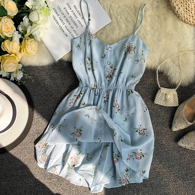 Spaghetti Strap Beach Playsuits Women Single Breasted V-neck Dress - MERGE.DAY.1.FREESTYLE