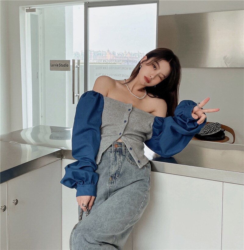 Patchwork Denim Shirts Women French Square Collar Puff Blouses Long Sleeve Crop Tops - MERGE.DAY.1.FREESTYLE