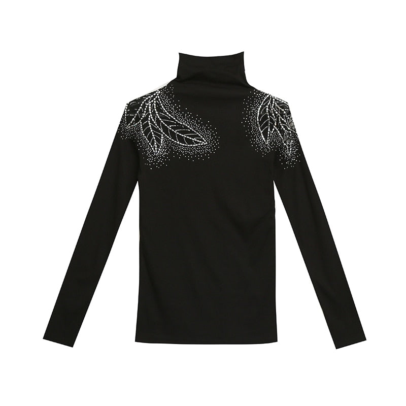 Women's Tops Shirt Casual Turtleneck Long Sleeve Hollow Out Hot Drilling Mesh T-Shirt - MERGE.DAY.1.FREESTYLE