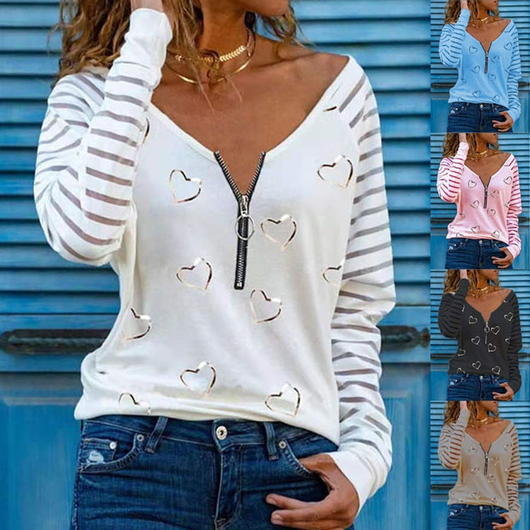 Love Printing T-shirt Sexy V-neck Zipper Neck Long-sleeved T-shirt Casual Loose Pullover Top - MERGE.DAY.1.FREESTYLE