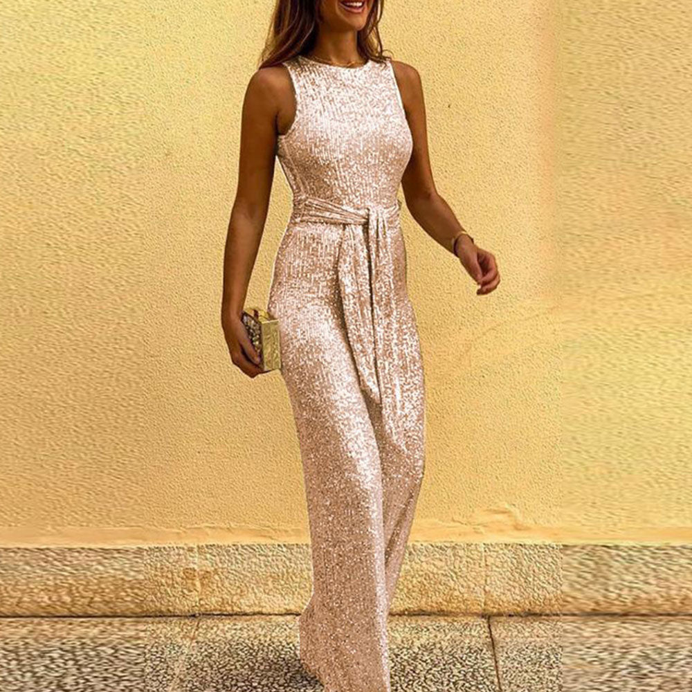 Women Sleeveless Sequin Glitter Shiny Jumpsuit Trousers Sexy Slim Fit Backless Romper - MERGE.DAY.1.FREESTYLE