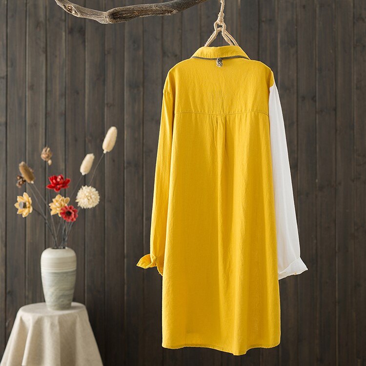 Women Cotton Linen Embroidery Blouse Long Sleeve Patchwork Color Top - MERGE.DAY.1.FREESTYLE