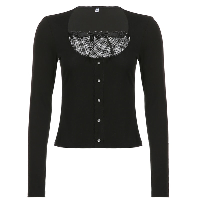 Patchwork Slim Tops Tee Long Sleeves Square Collar Retro Casual Tshirts - MERGE.DAY.1.FREESTYLE