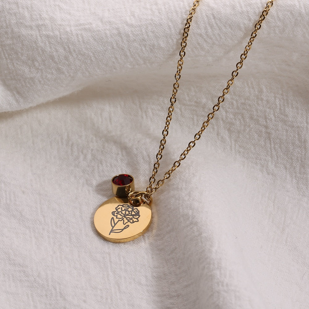 Stainless Steel Birth Flower Necklaces Birthstone Choker Necklace - MERGE.DAY.1.FREESTYLE