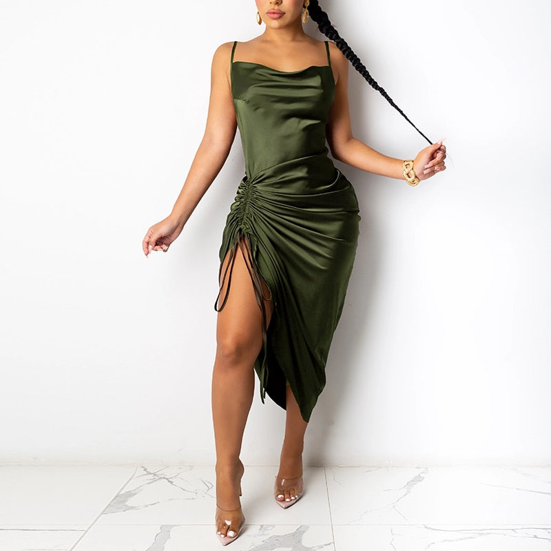 Ruched Satin Summer Dress Drawstring Spaghetti Straps Cowl Neck Backless Long Dresses - MERGE.DAY.1.FREESTYLE