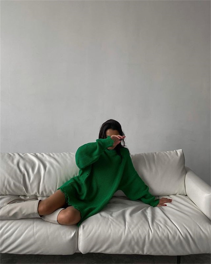 O Neck Oversized Mini Knitted Women Sweater Loose Dresses Autumn Winter Long Sleeve - MERGE.DAY.1.FREESTYLE