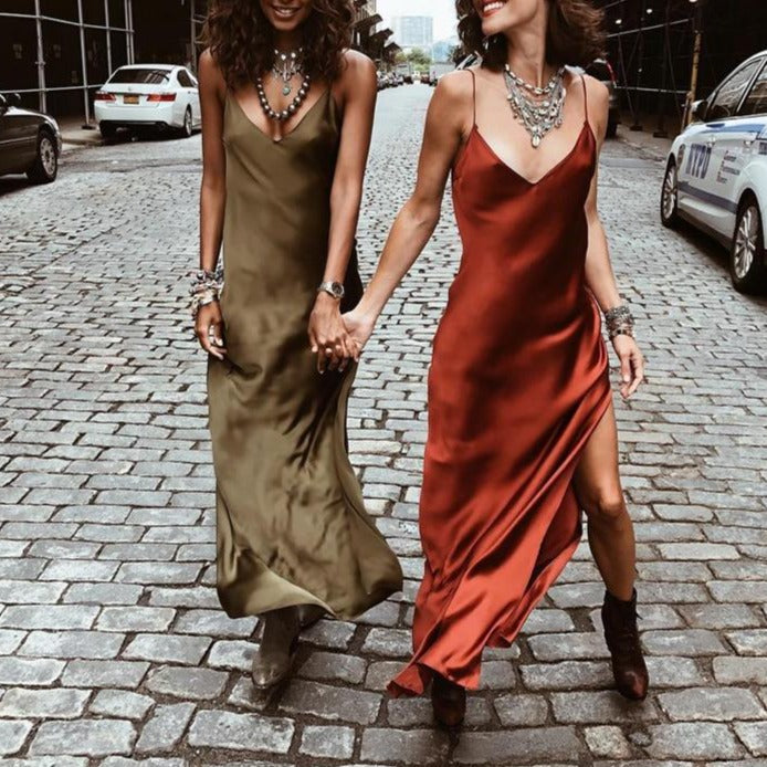 Satin V Neck Maxi Dress Women Spaghetti Strap Sleeveless Backless Side Split Long Dresses Lady Vestido - MERGE.DAY.1.FREESTYLE