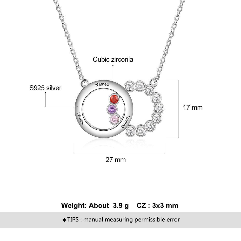Personalized Name Interlocking Circle Pendants Custom 3 Birthstones Necklaces - MERGE.DAY.1.FREESTYLE
